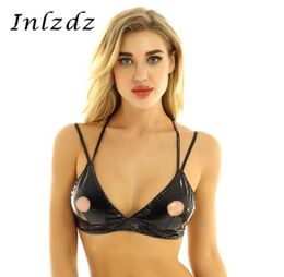 Womens Erotic Lingerie Bra Top Fashion Wetlook PU Leather Triangle Cups Nipple Hollow Out Straps Bralette Sexy Bras5741566