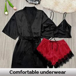 Home Clothing Simulation Silk Ladies Nightgown Summer Long Section Lace Bathrobe Three-Piece Thin Fashion Sexy Pajamas Set