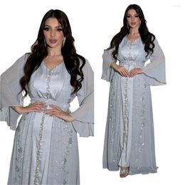 Ethnic Clothing Morocco Party Dress Elegant Women Muslim Dubai Abaya Diamond Ramadan Chiffon Kaftan Robe Turkey Gown 2 Piece Set Jalabiya