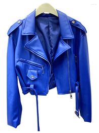 Women's Leather 2024 Spring Autumn Short Blue Soft Pu Biker Jacket Women Zipper Long Sleeve Belt Cool Luxury Designer Clothes