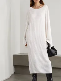 Casual Dresses 2 Colors Women Long Sleeve Knit Mid-Length Dress Autumn 2024 Female Loose O-Neck Wool Blend Straight Robe