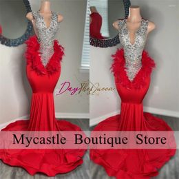 Party Dresses Red Feathers Long Prom Dress For Black Girls 2024 Rhinestones Crystal Birthday Gowns Diamonds Mermaid Evening