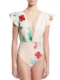 Flower Print Bikini Suit Deep V Neck Sexy Slim Chic Simple Swimwear Backless Gathering Seamless Splicing Beachwear Women
