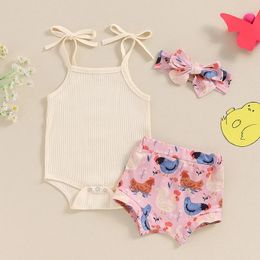 Clothing Sets Toddler Born Baby Girl Summer Clothes Set Sleeveless Ribbed Romper Rooster Print Shorts Bow Headband Outfit