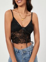 Women's Tanks Wsevypo Sexy Black Lace Floral Camisoles Fashion Spaghetti Straps Tie-up Cropped Vest Tops Street Backless Slip Camis