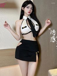 Work Dresses Lingerie High-end Sexy Flight Attendant Uniform Bag Hip Short Skirt Pyjamas Cosplay Sets White Hollow Top Slim 4XVF