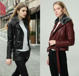 2020 Fashion Women Winter Warm Faux Leather Jackets with Fur Collar Belt Lady Black Pink Motorcycle Biker Outerwear Coats9911879