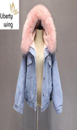 New Autumn Winter Thick Warm Denim Female Faux Big Fur Collar Fleece Hooded Jean Jacket Women BF Style Loose Fit Overcoat7101023