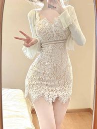 Work Dresses Autumn Elegant Lace Clothing Suit Woman Korean Fashion Sexy 2 Piece Set Slim Y2k Mini Dress Casual Short Cardigan Office Lady