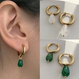 Hoop Earrings Vintage Transparent Green Natural Stones Teardrop Dangle For Women Simple Stainless Steel 18K Gold Plated Hoops Huggies