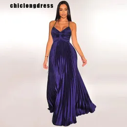 Casual Dresses Autumn Sexy Backless Satin Pleated Dress Women Elegant Solid Strap High Waist Long Party