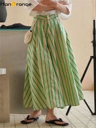 Skirts HanOrange 2024 Summer Romantic Contrast Stripe Half Skirt Women High Waist A-line Long Umbrella Green