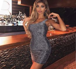 Silver Shiner Glitter Sexy Mini Night Club Party Dress Women Clubwear Sleeveless Wrap Bodycon Strap Dresses Summer4809044