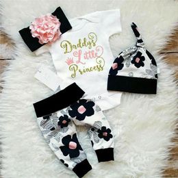 Clothing Sets 4Pcs Born Infant Dad Princess Outfits Letter Clothes T-shirt Tops Floral Leggings Hat Headbands Cute Girls