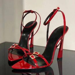 Dress Shoes 2024 Summer Open Toe Pointed One Line Buckle Sandals With Thin Heels And Red Lacquer Leather Women's