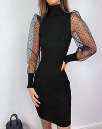 Lace Dress Women Hight Neck Plus Size Party Dresses Female Chic Slim Autumn Long Sleeves Sheer Mesh Bodycon Women039s Dress9783139