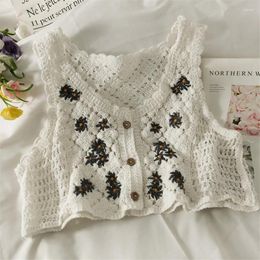 Women's Tanks Summer Knitted Vest Crop Top Women V-Neck Sleeveless Hollow Out Crochet Tank Floral Embroidery Retro Boho Clothes Cropped