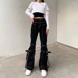 Women's Jeans Vintage Y2K Streetwear Bandage Denim Flare Pants Punk Aesthetics High Waist Black 90s Fashion Long Trousers 2024 P445