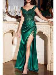 Party Dresses Trumpet / Mermaid Elegant Court Train Prom Off-The-Shoulder Back Zipper Sexy Silk Satin With Applique Evening Dress