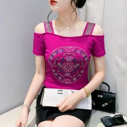 Women's T Shirts M-3XL Brand Ethnic Style Sexy Off Shoulder Shiny Diamonds High Quality Tees Tops Ladies