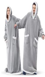 Super Long Flannel Blanket with Sleeves sleepwear hooded Winter Hoodies Sweatshirt Women Men Pullover Fleece Giant TV Blankets Ove7552055