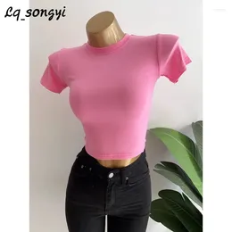 Women's T Shirts Lq_songyi Summer O Neck Crop Top Slim Fit Women High Strecth See-through Sexy Short Sleeve Solid Thin Basic Shirt