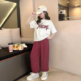 Clothing Sets Girls summer casual 2PCS short sleeved T-shirt+jogging pants set 3-13 year old teenagers and childrens clothing set childrens clothing Q240517