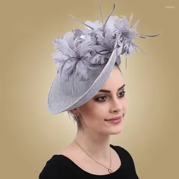 Headpieces Fascinators Grey Church Sinamay Hat With Feather Fedora Hats For Women Derby Cocktail Party Bridal Ladies