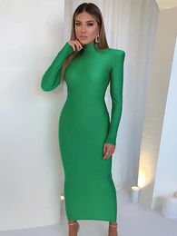 Casual Dresses Y2K Shoulder Padded Long Sleeve Bodycon Green Party Club Maxi Dress 2024 Autumn And Winter Women Fashion Elegant Clothes