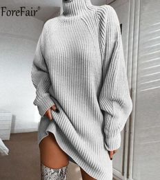 Forefair Turtleneck Long Sleeve Sweater Dress Women Autumn Winter Loose Tunic Knitted Casual Pink Grey Clothes Solid Dresses 2022749241