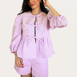 Women's Tracksuits Women 2 Piece Plaid Shorts Outfits Summer Tie Up Front Long Sleeve Blouse Elastic Loose Lounge Set Streetwear Dailywear