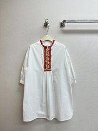 Party Dresses Women Spring Summer White Cotton O-neck Half Sleeve Embroidery Beading Short Straight Dress Basic Elegant Female Clothes