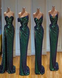 New Sexy Dark Green Sequined Lace Mermaid Evening Dresses Sequins Sleeveless Split Mermaid Sweep Train Custom Formal Party Dress P6388575