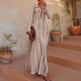 Casual Dresses Crocheted Sexy Contrast Stretchy Knitted Dress Women Deep V-neck Hollow Long Party Spring Fall Sleeve Boho Maxi