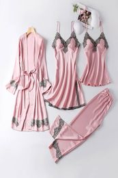 Women Ice Silk 4 Pcs Pajamas Set Cami Top Long Pants Nightgown Robe Embroidery Lace Trim Sexy Sleepwear with Chest Pads3715897