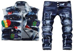 Summer Vest Jeans 2 Pieces Tracksuits Retro Motorcycle Men039s Sets Rock Badge Embroidered Waistcoat and Ripped Patch Stretch P7345947