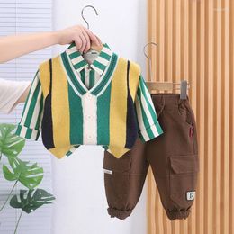 Clothing Sets Korean Baby Boy Outfit Set Spring Autumn Vertical Striped Cardigan Knitted Vest Shirts Pants Kids Designer Luxury Clothes