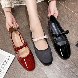 Casual Shoes 2024 Woman Elegant Square Toe Lady Burgundy Red Cute Church Barefoot Ballerina Flats Female Bow Strappy Mary Jane