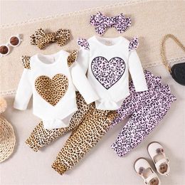 Clothing Sets Baby Girls Jumpsuits Set Heart Leopard Print Long Sleeves Romper And Casual Pants Headband Spring Autumn Outfit 0-24Months