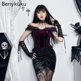 Black Red Gothic Ruched Lace Trim Velvet Crop Top Women Harajuku Vintage Asymmetrical Hem T Shirt E-girl Punk Grunge Tube Top 240517