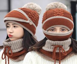 winter womens hat scarf mask set knitted ear protect hat beanie plush warm winter womens cap7448441