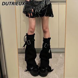 Women Socks Y2k Girl Denim Leg Warmer Over The Knee Black Cross Slimming Lace Up Bell-Bottoms Wide-Leg Pile Style Foot Sock Warmers