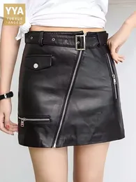 Skirts High Street Punk Spring Summer Women Sheepskin Genuine Leather Skirt Waist Casual Zipper A-Line Black Wrap Female