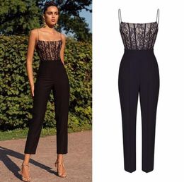 Women Spring Summer Sexy Lace Jumpsuits Short Sleeve Deep V Neck Rompers Mesh Back Long Pants Playsuits Hollow Out Tops Black Over4183683