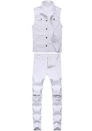 Men039s White Twopiece Suit Fashion Tracksuits Slim Frayed Lapel Denim Vest Skinny Ripped Pants Spring Sumer Autumn Mens Jea9232288