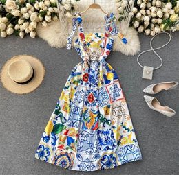 Fashion Runway Summer Dress New Women039s Bow Spaghetti Strap Backless Blue and White Porcelain Floral Print Long Dress 2103152010797