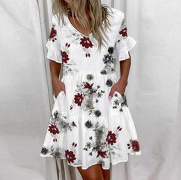 Summer Casual Ruffles Loose Vneck Dress Women Short Sleeve Floral Print Woman Plus Size Fashion White Beach Dresses2132960