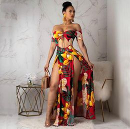 Boho Printed Summer Beach Maxi Dress Strapless Off Shoulder Sexy High Slit Sundress Womens Robe Hollow Out Long Dresses2019476