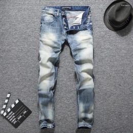 Men's Jeans Fashion Designer Men High Quality Retro Light Blue Stretch Slim Fit Ripped Button Vintage Denim Pants Hombre