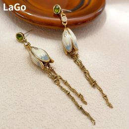 Dangle Earrings Sweet Jewellery Green Glass Pretty Lotus Long Chain For Women Girl Party Wedding Gift Drop